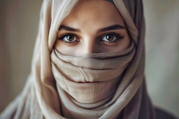 Fototapeta premium Close-up of the face of a beautiful Muslim woman in a hijab looking at the camera