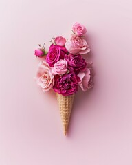 Ice cream made of delicate pink Roses. Minimal flat lay summer concept on a light pink background. 