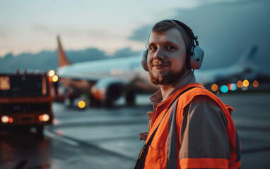 Service personnel in orange waistcoat and headphones at the airfield in the background of the aircraft - obrazy, fototapety, plakaty