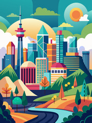 Cityscapes vector landscape background featuring modern buildings and a vibrant sky.