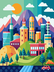 Cityscapes vector landscape background depicts a modern cityscape with towering buildings, bustling streets, and vibrant colors.