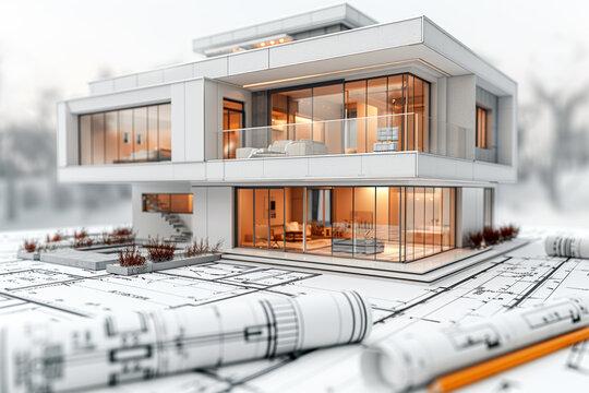 Construction blueprints or construction drawings and miniature models of completed construction for private residences. The owner and the contractor enter into a contract. architecture concept.