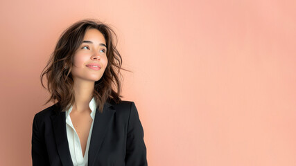 Hispanic businesswoman in black formal suit smiling isolated on pastel