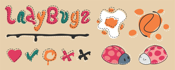 lovely ladybugs vintage groovy sticker set, Collection of trendy retro, illustration set.
