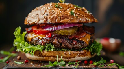 Classic Hamburger With Lettuce, Tomato, and Onion