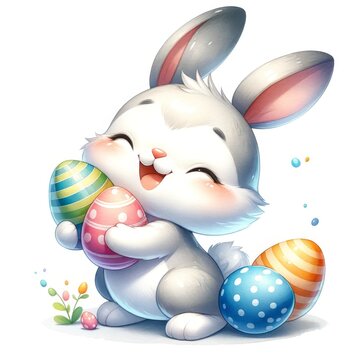 Digital illustration of a white bunny with grey ears hugging and nuzzling a decorated Easter egg with affection. Template for printing on gingerbread or for children's books and cards