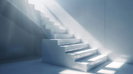 Sleek minimalist white staircase with sun rays creating shadow contrast. Pristine interior design with sunlight highlighting stairs and shadows. Sharp light contrasts on a pure white modern staircase.