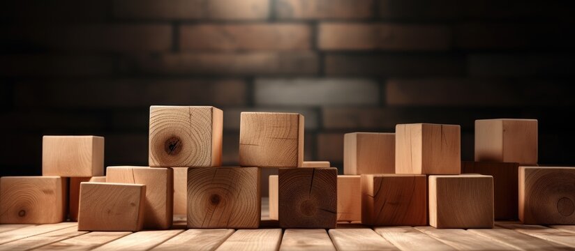A rectangular hardwood table with wooden blocks rests on the floor in front of a brick wall. The wood stain enhances its natural beauty, blending well with the building material