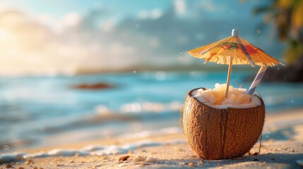 A coconut-flavored beer in a coconut shell cup, decorated with a mini umbrella and a straw, placed on a sandy beach background