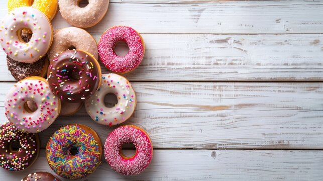 Top view flat lay tasty colorful sweet donuts on white wooden table background. AI generated image