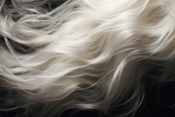 Luxuriant Flow of Silky White Hair Spread Elegantly Over a Dark Background - obrazy, fototapety, plakaty