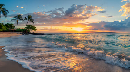 Paradis tropical serein : un panorama fascinant au coucher du soleil sur la plage avec des teintes dorées, de la tranquillité et une mer calme - Parfait pour les vacances - obrazy, fototapety, plakaty