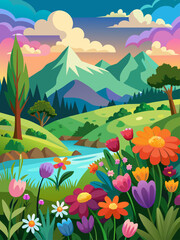 Fototapeta na wymiar A vibrant array of colorful flowers blooms against a lush green landscape, creating a breathtaking and serene backdrop.