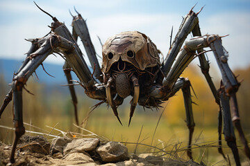  Surreal Giant Spider with Skull Head on Arid Ground Against a Clear Blue Sky