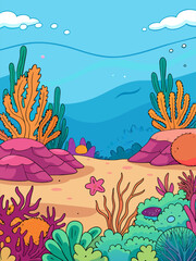 Fototapeta na wymiar Submerged coral reefs and vibrant marine life flourish within a serene underwater landscape.