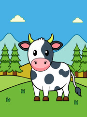 A cute cow grazes in a picturesque landscape of rolling green hills and a vibrant blue sky.