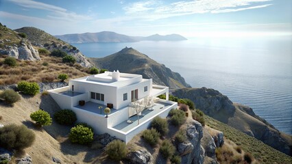 White Mediterranean style Greek villa on mountain side overlooking ocean view - obrazy, fototapety, plakaty