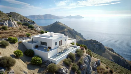 Fotobehang White Mediterranean style Greek villa on mountain side overlooking ocean view © vectorize