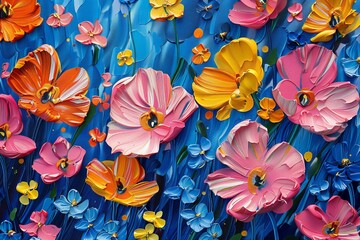 Vibrant Flowers on Blue Background - obrazy, fototapety, plakaty