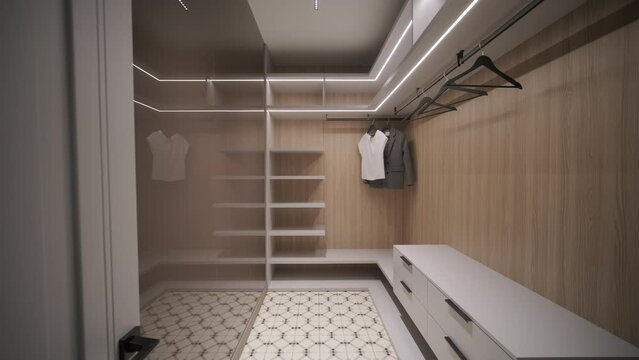 Within a walk-in closet, sleek white drawers and shelves are illuminated by modern LED lighting, set against a warm wood backdrop