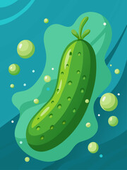 A crisp cucumber floats in clear water, its rough skin glistening in the light.