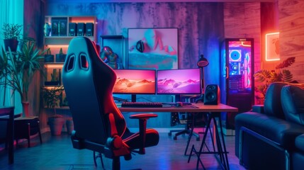 A dynamic gaming setup radiates with neon lights, featuring multiple monitors, a high-back gaming chair, and an immersive experience