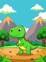A dinosaur stands in a lush green landscape with a mountain range in the distance.