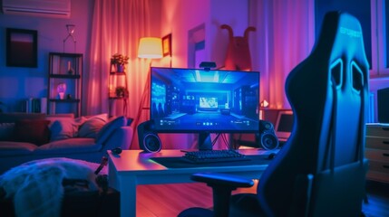 A cozy and creative home office space dominated by a gaming setup with ambient mood lighting for both work and play - obrazy, fototapety, plakaty