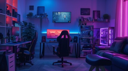 This gaming room exudes a futuristic vibe with its ambient lighting, high-end gear, and meticulous organization