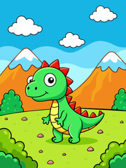 A dinosaur roams a lush, green landscape with mountains in the background.