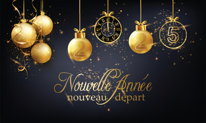 carte ou bandeau pour souhaiter un nouveau départ pour la nouvelle année 2025 en or sur un fond noir avec des paillettes et des boules de Noël et une horloge suspendues de couleur or