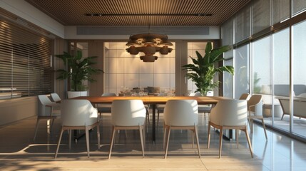 Fototapeta premium A minimalist dining space with an ocean view, featuring a sleek table and stylish chairs under designer lights