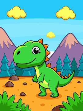 A majestic dinosaur roams through a lush green valley, surrounded by towering trees and a vibrant blue sky.
