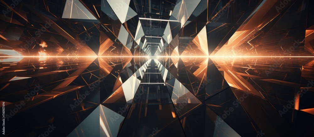 Poster a dimly lit room with numerous triangles creating a symmetrical pattern, emitting lights. the darkne