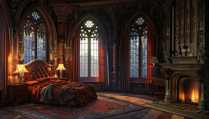 gothic bedroom with fireplace - obrazy, fototapety, plakaty