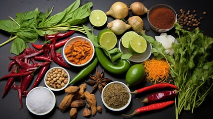 Accurate image depicting a diverse selection of fresh herbs and spices laid out neatly on a deep black background