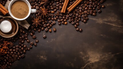 Top view of a creative spread of coffee beans and an array of spices on a dark moody background