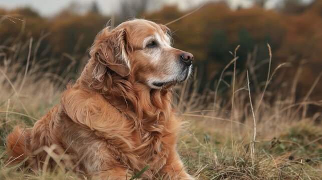 Old golden retriever dog in a field at sunset landscape. AI generated image
