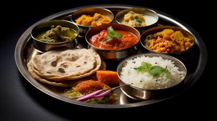Fototapeta premium An array of colorful and flavorful Indian dishes presented beautifully in a metal thali with bread