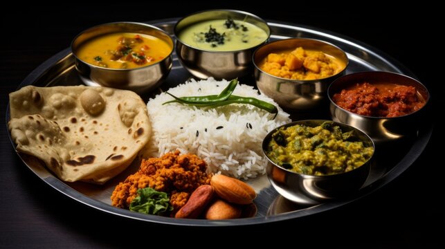A traditional Indian thali filled with an assortment of delicious and aromatic dishes paired with bread