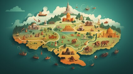 A vibrant, illustrated fantasy map with prominent cultural landmarks and natural features