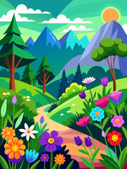 A delightful floral landscape painted with vectors depicts blossoming blooms in a tranquil meadow.