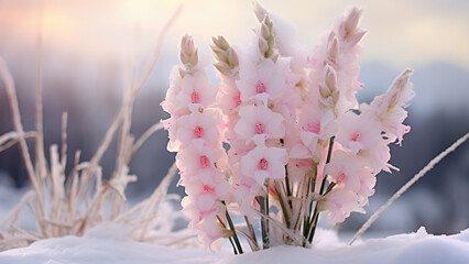 The appearance of spring: a bouquet of gladioli under the melted snow - obrazy, fototapety, plakaty