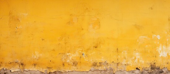 A close up of a yellow wall with various stains, resembling an abstract painting. The wood flooring contrasts with the amber tints and shades