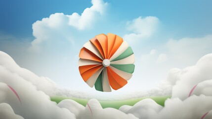 Fototapeta premium Paper cut-out effect of the Indian flag colors formed into a wheel, floating whimsically among fluffy clouds