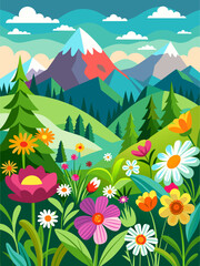 Flowers bloom in a lush meadow against a backdrop of rolling hills, creating a vibrant and serene landscape.