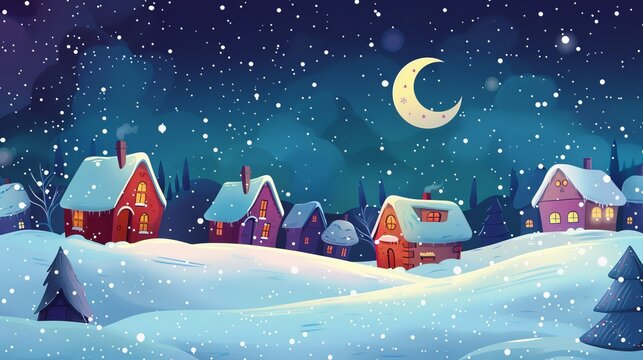 Christmas time, night scene with a moon and cute houses in snow, background for Christmas card, holiday season