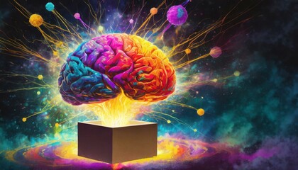Think outside the box illustration. Colorful brain explosion image expressing the idea of free thought, creativity, engineering, innovation and invention.