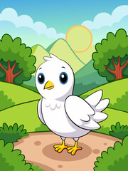 A graceful dove soars against a serene landscape, its soft plumage blending seamlessly with the idyllic surroundings.