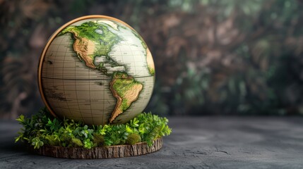 Vintage Globe with Green Plants on Earth Day Concept